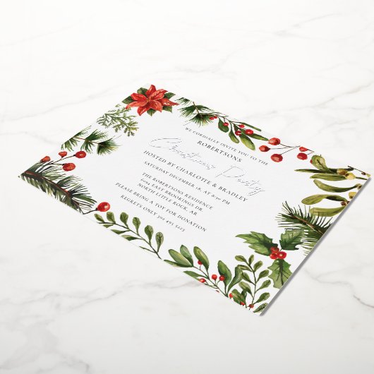 Blumengrün Weihnachten Party Silver Folieneinladung (Gedreht)