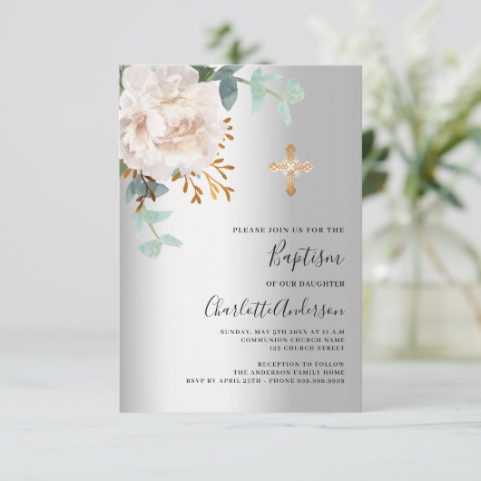 Blumengrün, weiß, silbergrün, Taufe Einladung (Stehend Vorderseite)