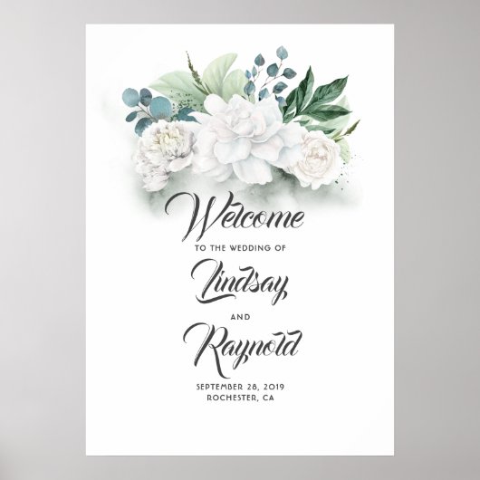 Blumengrün White Wedding Willkommenszeichen Poster (Vorne)