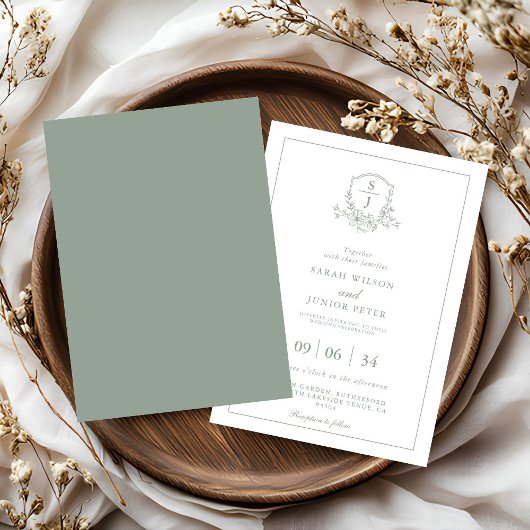 Blumengrüner Blattmonogramm-Hochzeit Einladung