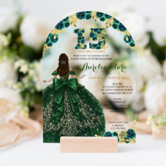 Blumengrünes Kleid Coquette Quinceanera Bogen Acryleinladungen