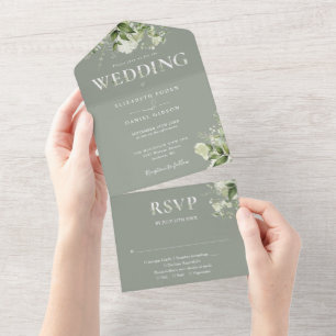 Blumengrüntypografie Hellgrüne Hochzeit All In One Einladung