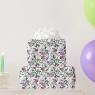 Blumenhafte Lila-Grüne Singvögel Illustration Geschenkpapier