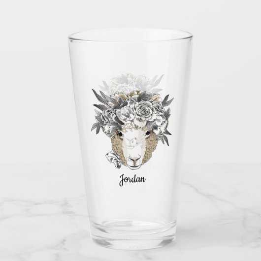 Blumenhalo-Schafe | addieren Ihren Namen Glas (Rückseite)