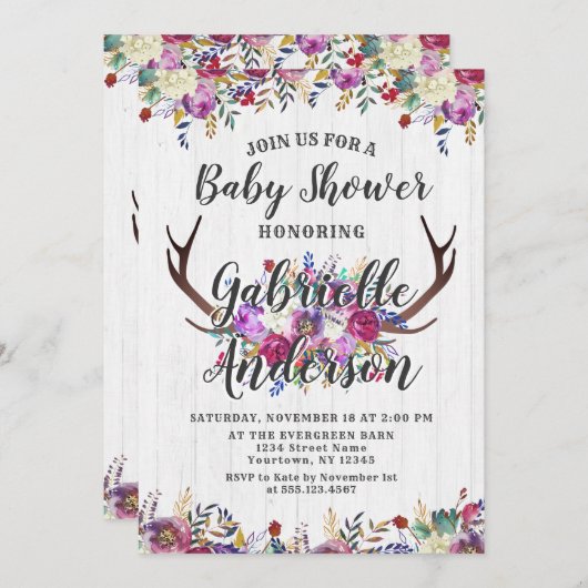 Blumenhändler Antler Bouquet Babydusche Einladung (Vorne/Hinten)