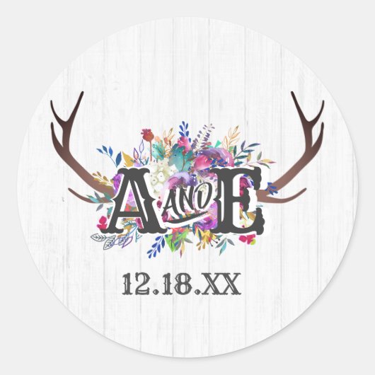 Blumenhändler Antler Bouquet Rustic Monogram Weddi Runder Aufkleber (Vorderseite)
