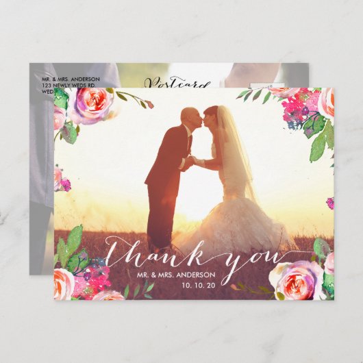 Blumenhandschrift 2 Foto Hochzeit Danke Postkarte (Vorne/Hinten)