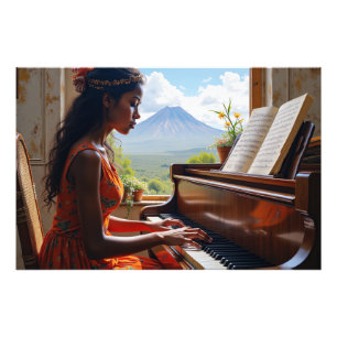 Blumenharmonie - Frau am Piano mit Blick auf die N Fotodruck