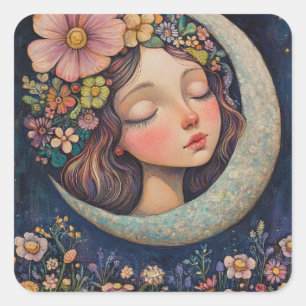 Blumenhaut und Crescent Moon Quadratischer Aufkleber