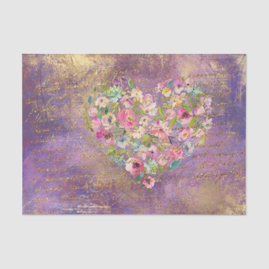 Blumenheart Gold Antike Handschrift Dekoupage Seidenpapier (Vorderseite)