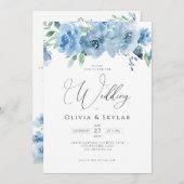 Blumenhellblauer QR-Code in einer Hochzeit Einladung (Vorne/Hinten)