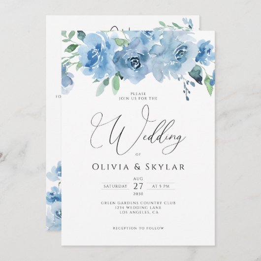 Blumenhellblauer QR-Code in einer Hochzeit Einladung (Vorne/Hinten)