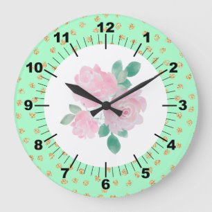 Blumenhellgrün und goldene Punkte Große Wanduhr