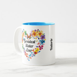 Blumenherz "Bestste Schwester aller Zeiten" mit Ge Zweifarbige Tasse