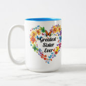 Blumenherz "Bestste Schwester Ever" mit Gedicht Zweifarbige Tasse (Links)