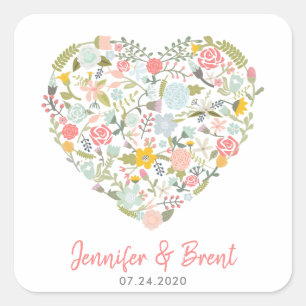 Blumenherz-Hochzeitsticker Quadratischer Aufkleber