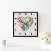 Blumenherz-Illustration in Rosa und Grün Quadratische Wanduhr (Zuhause)