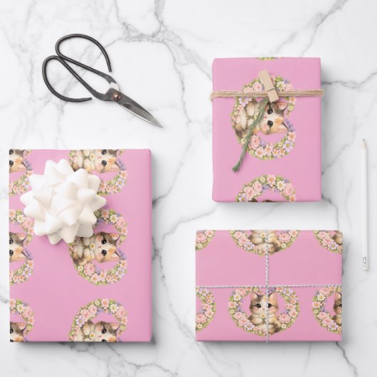 Blumenherz Kawaii Kunst Kätzchen  Geschenkpapier Set (Vorderseite)