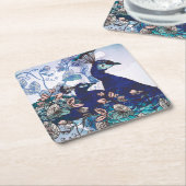 Blumenhintergrund mit Pfaus Rechteckiger Pappuntersetzer (angewinkelt)