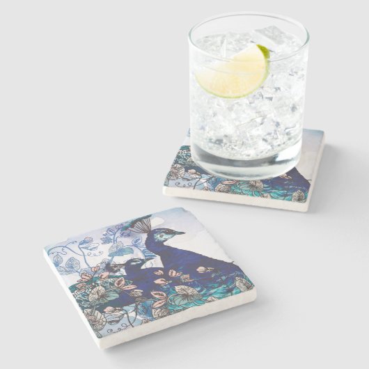 Blumenhintergrund mit Pfaus Steinuntersetzer (Seitenansicht)