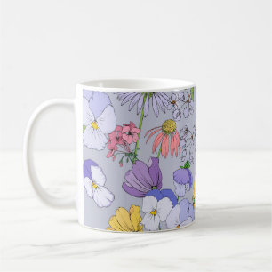 Blumenhintergrund nahtlos vintage. Lilien, Stiefmü Kaffeetasse