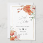 Blumenhochzeit an der Grenze zu Pfirsich und Gold Einladung (Vorderseite)