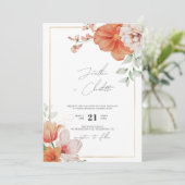Blumenhochzeit an der Grenze zu Pfirsich und Gold Einladung (Stehend Vorderseite)