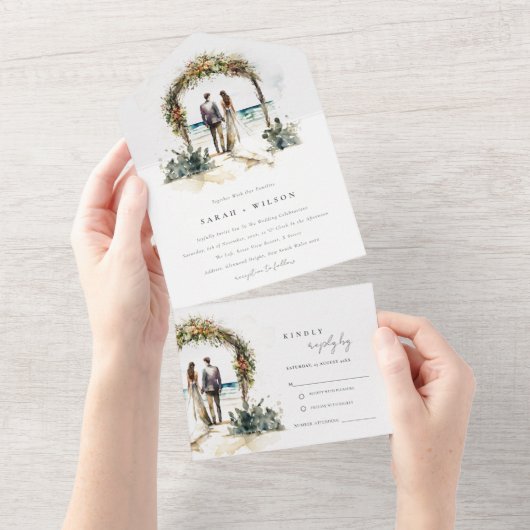 Blumenhochzeit Arch Coastal Seascape Hochzeit All In One Einladung (Abreißen)
