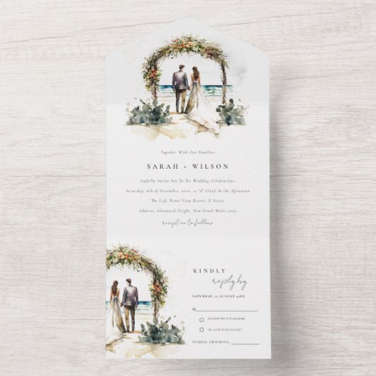 Blumenhochzeit Arch Coastal Seascape Hochzeit All In One Einladung (Innen Boden)