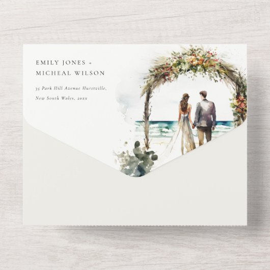 Blumenhochzeit Arch Coastal Seascape Hochzeit All In One Einladung (Rückseite)