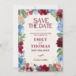 Blumenhochzeit, elegantes Burgund und romantische  Save The Date