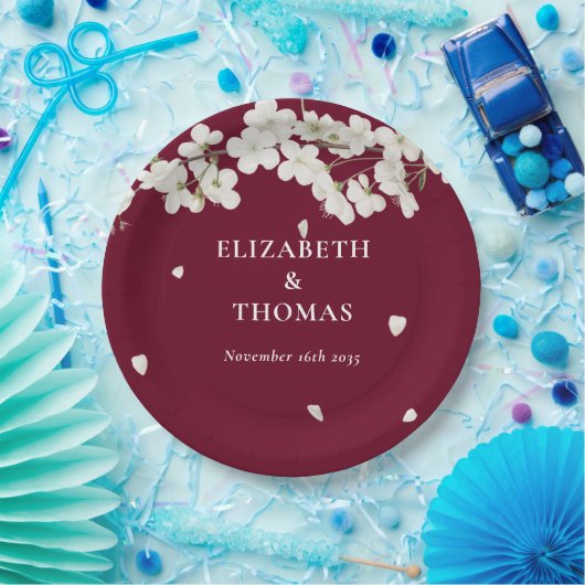 Blumenhochzeit Hübsch weißes Blossom Burgund Pappteller (Party)