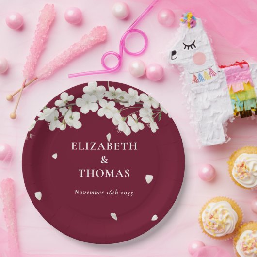 Blumenhochzeit Hübsch weißes Blossom Burgund Pappteller (Party)