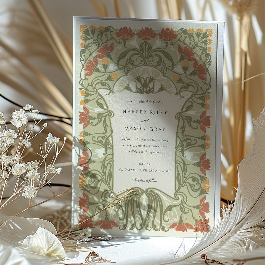 Blumenhochzeit im Jugendstil in warmen Erdtönen Einladung