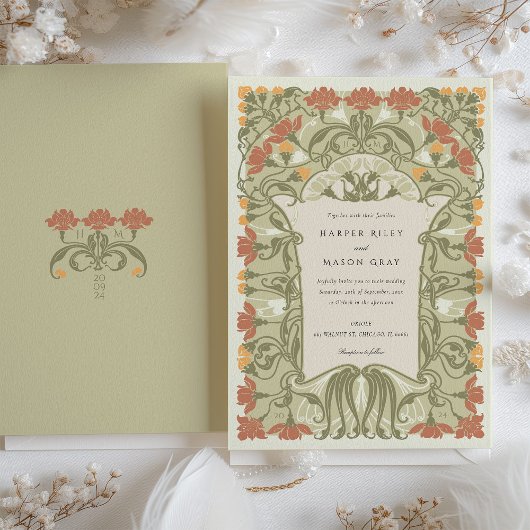 Blumenhochzeit im Jugendstil in warmen Erdtönen Einladung