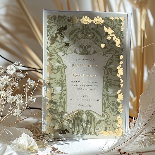 Blumenhochzeit im Jugendstil in warmen Erdtönen Folieneinladung