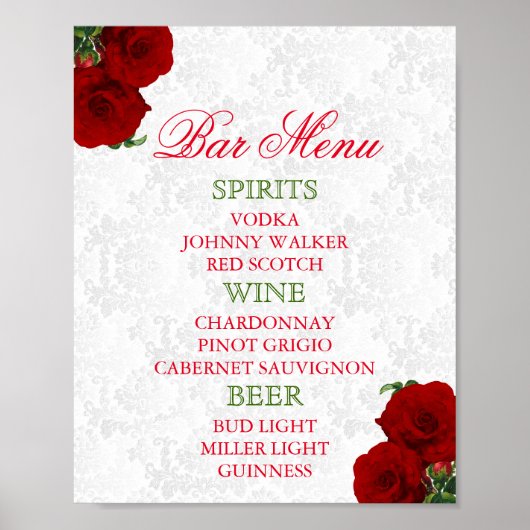 Blumenhochzeit in Deep Rote Rose - Bar Menu Poster (Vorne)