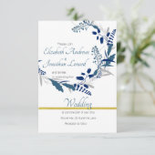 Blumenhochzeit in Gold und Blau Einladung (Stehend Vorderseite)