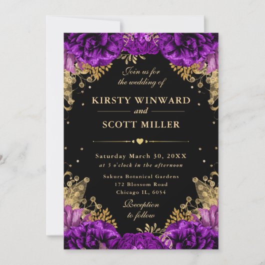 Blumenhochzeit in lila und goldenen Rose Einladung (Vorderseite)