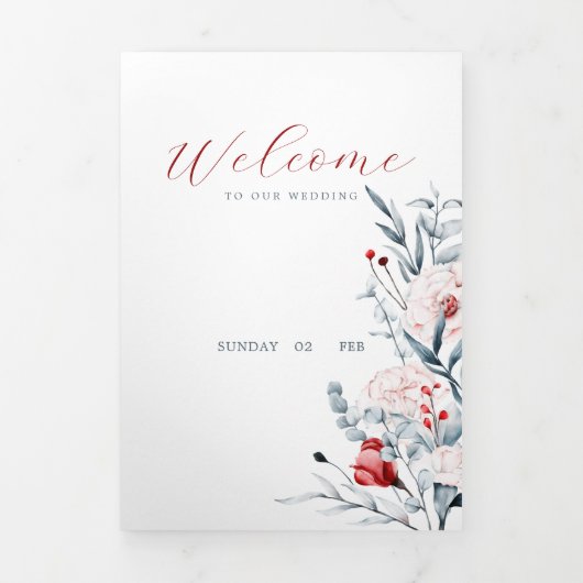 Blumenhochzeit in Rot und Blau der Blume Dreifach Gefaltete Ankündigung (Cover)