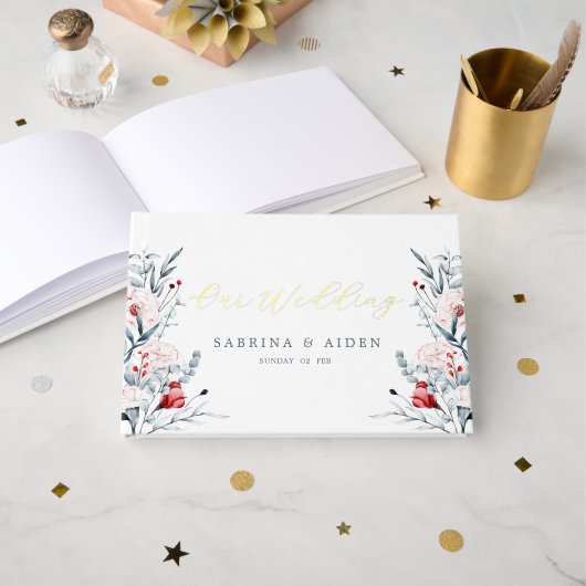 Blumenhochzeit in Rot und Blau der Blume Gästebuch (Vorderseite Offen)