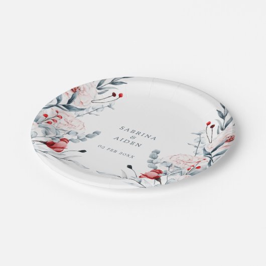 Blumenhochzeit in Rot und Blau der Blume Pappteller (Schrägansicht)