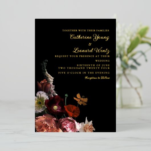 Blumenhochzeit Mitternacht Folieneinladung (Stehend vorne)