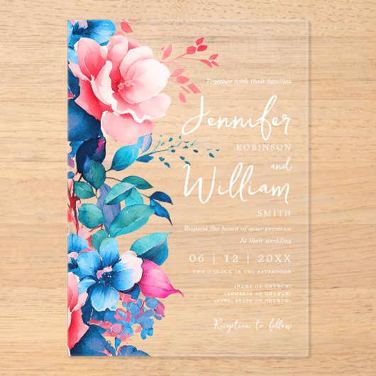 Blumenhochzeit Moderne Script Typografie Blau Pink Acryleinladungen (Vorderseite)