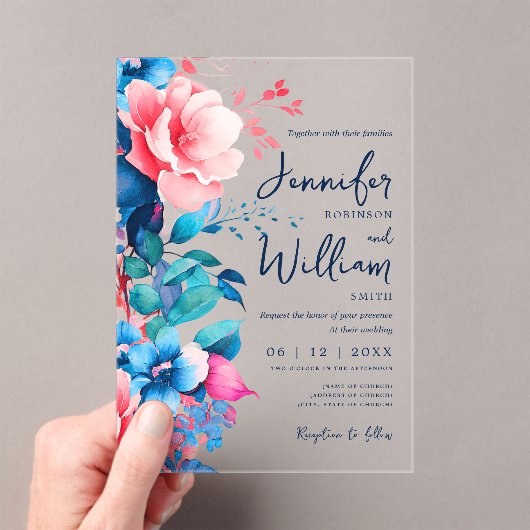 Blumenhochzeit Moderne Script Typografie Blau Pink Acryleinladungen (Insitu (Handheld))