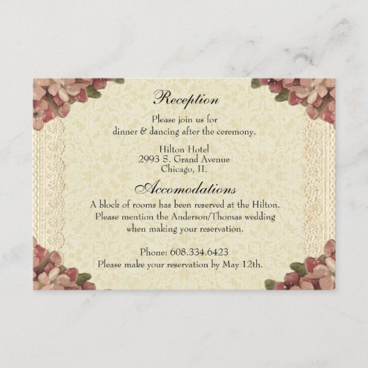 Blumenhochzeit Rezeption Rosa Rosen Vintag Begleitkarte (Vorderseite)