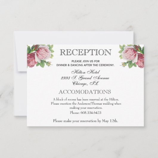Blumenhochzeit Rezeption Rosa Rosen Vintag RSVP Karte (Vorderseite)