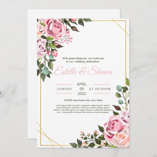 Blumenhochzeit, romantisch-rosa Hochzeit Einladung (Vorne/Hinten)