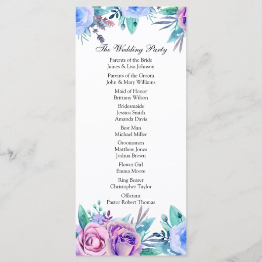 Blumenhochzeitprogramm blau. Boho-Zeremonie Programm (Rückseite)