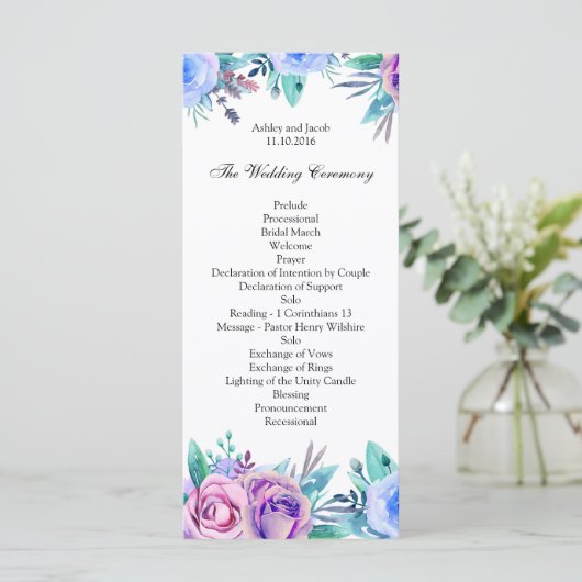 Blumenhochzeitprogramm blau. Boho-Zeremonie Programm (Stehend Vorderseite)